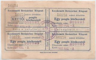 1936. Kecskeméti Bevásárlási Központ értesítése 5P hitel keretről, zöld színben, hátoldalán bélyegzé...