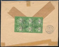 1946 Ajánlott levél 50 ezer AP hatostömb bérmentesítéssel és szükségragjeggyel Tarjánból Budapestre / Mi 936 block of 6 on registered cover with auxiliary label