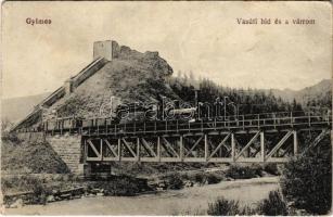 1917 Gyimes, Ghimes; Rákóczi várrom, magyar-román határ, vasúti híd, gőzmozdony, vonat. Szvoboda Miklós kiadása / castle ruin, Hungarian-Romanian border, railway bridge, locomotive, train (EK)