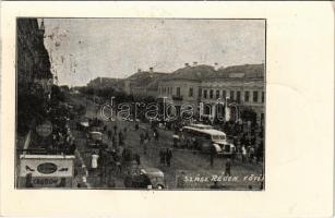 Szászrégen, Reghin; Fő tér, Crema Nivea és Caurom cipőbolt, autóbusz. Üdvözlet a felszabadult Szászrégenből / main square, shops + "visszatért" So. Stpl