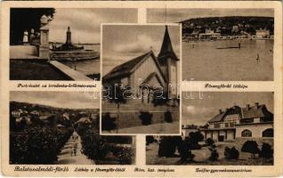 1943 Balatonalmádi, Part részlet az irredenta örökmécsessel, Fövenyfürdő látképe, Római katolikus templom, Zsófia gyermekszanatórium (EK)