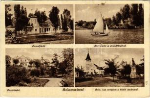 1948 Balatonszárszó, Strandfürdő, part részlet, park, Római katolikus templom, Hősök szobra, emlékmű (EK)