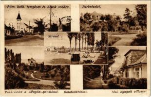 1937 Balatonszárszó, Római katolikus templom, Hősök szobra, emlékmű, Strand, Park, Magda pensió, Alsó nyugati villasor (EK)