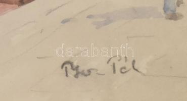 Bor Pál (1889-1982): Kikötő vitorlással(Velence?). Akvarell, ceruza, papír, jelzett, üvegezett faker...