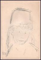 Gábor Marianne (1917-2014): Én Mityu munkaszolgálatos ruhájában. Ceruza, papír, kartonra kasírozva. ...