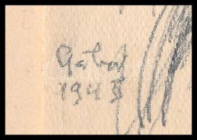 Gábor Marianne (1917-2014): Én Mityu munkaszolgálatos ruhájában. Ceruza, papír, kartonra kasírozva. ...