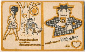 1963 Heilbronn. Auch bei dem grössten Seelenschmerz... erleichtert Kätchen Bier das Herz / Német sör reklám képeslapja söralátét anyagból / German beer advertising postcard made of beer coaster