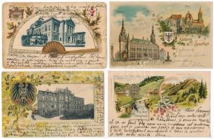 10 db RÉGI hosszú címzéses német szecessziós dombornyomott litho város képeslap vegyes minőségben / 10 pre-1905 German Art Nouveau, floral, embossed and litho town-view postcards in mixed quality: Halle, Eberswalde, Frankfurt, Düsseldorf, Warnemünde, München, Magdeburg, Almagmach, Aachen