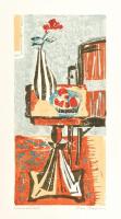 Rác András (1926-2013): Csendélet. Színes linómetszet, papír, jelzett, 35×17 cm