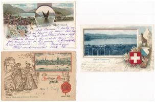 3 db RÉGI hosszú címzéses svájci szecessziós dombornyomott litho város képeslap vegyes minőségben / 3 pre-1905 Swiss Art Nouveau, floral, embossed and litho town-view postcards in mixed quality: Wädensweil, Zürich, Montreux