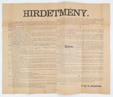 1889 Szeszes italok kis mértékben történő árusítása engedélykérelmével kapcsolatos hirdetmény, hajtott, szakadással, ceruzás aláhúzásokkal, 45×59 cm