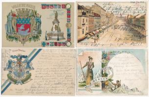 6 db RÉGI hosszú címzéses külföldi szecessziós dombornyomott litho város képeslap vegyes minőségben / 6 pre-1905 European Art Nouveau, floral, embossed and litho town-view postcards in mixed quality: Brünn (Brno), Mariastein, Paris, Praha (Prag), Bergen