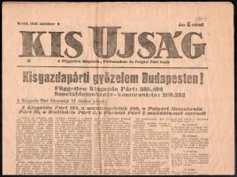 1945 Kis Ujság 1945. okt. 9., a címlapon a Független Kisgazdapárt budapesti választási győzelmének hírével, 4 p.