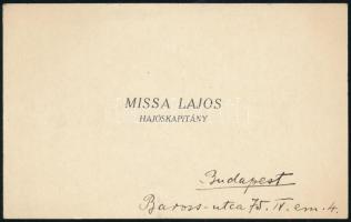 cca 1890 Missa Lajos autográf sorai névjegykártyáján, melyben felajánl egy Ferenc József -Erzsébet királyné házassagi évforduló emlékérmet
