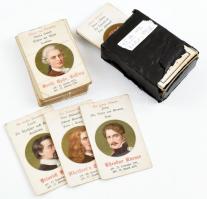 cca 1900-1920 Dichter-Quartett, német nyelvű kártyajáték híres költőkkel, 65 lapos, közte néhány kissé foltos, sérült, egy lapon hiánnyal