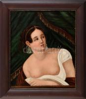 Jelzés nélkül, feltehetően XIX. sz. közepén működött festő műve: Női félakt. Olaj, fémlemez. Fakeretben. 39x33 cm.