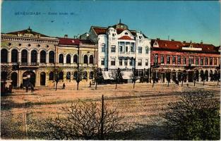 1916 Békéscsaba, Szent István tér, Polgári leányiskola, úri fodrász, Fischer Ignác üzlete. Vasúti levelezőlapárusítás (EK)