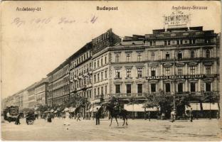 Budapest VI. Andrássy út, villamosok, Általános Reklám Vállalat, Freisinger E és László S., Remington, Berlitz nyelviskola reklámja, lovasrendőr (EK)