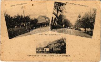 1940 Csallóközaranyos, Aranyos, Zlatná na Ostrove; Állami elemi népiskola, Református templom, Községháza, Csóka Máté és Társai malom / school, Calvinist church, town hall, mill (fl)