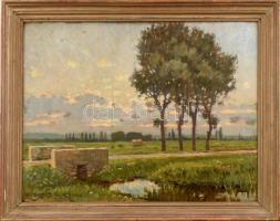 Arnhold Béla (1887-?): Táj híddal, olaj, karton, fa keretben, 41×48 cm
