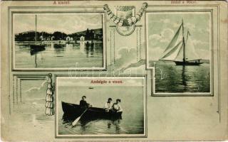 1916 Alsóörs, Balaton, kikötő, andalgás a vízen, indul a Miczi (Mici) vitorlás. Divald Károly fia, Art Nouveau (EK)