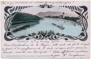 1904 Komárom, Komárnó; Vágtorkolat, tutajosok. Schönwald Tivadar kiadása / Váh river mouth, rafters. Art Nouveau (EK)