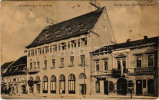 1917 Segesvár, Schässburg, Sighisoara; Arany csillag szálloda, Friedrich Ipsen és Társa cipő üzlete / Hotel zum goldenen Stern, Spezial-Schuhwarenhaus Friedrich Ipsen & Comp. / hotel, shops (szakadás / tear)