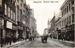 Nagyvárad, Oradea, Grosswardein; Kossuth Lajos utca, Boros Jenő és Adler Lajos üzlete, vas és rézbútor raktár / street, shops (fl)