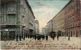 1907 Fiume, Rijeka; Via Adamich, Grand Hotel Europa Restaurant, tram / utca, Europa és Lloyd szálloda és étterem, villamos