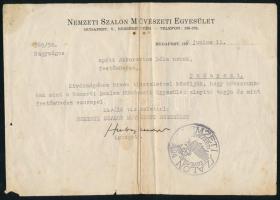 1938 Nemzeti Szalon Művészeti Egyesület levele Apáti Abkarovics Bélának (1888-1957), amelyben közlik vele, hogy az egyesület alapító tagja. Hubay-Cebrián Andor (1898-1971) festő, szobrász, újságíró, a Nemzeti Szalon elnökének autográf aláírásával, hajtásnyommal, kissé sérült és foltos.