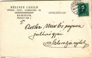 1936 Komárom, Komárno; Kellner László fűszer-, liszt-, gyarmatáru- és csemegekereskedő reklámja. Péczely Tér 1. / shop advertisement card (vágott / cut)