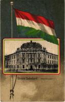 1915 Szabadka, Subotica; Főgimnázium. Magyar zászló szecessziós litho / grammar school. Art Nouveau with Hungarian flag. litho (Rb) + BAHNHOF COMMANDO SZABADKA