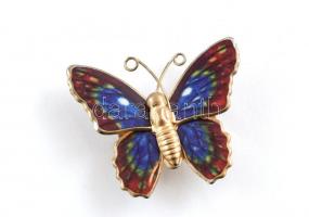 Pillangómintás selyem kendő, 66x66 cm + pillangó bross, zománcozott fém, 3x3 cm