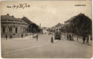 1917 Pécs, Indóház utca, vasútállomás, villamos. Karpf Berta kiadása (EM)