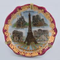 Limoges mini dísztányér Párizs mintával, fém tartóval, matricás, jelzett, hibátlan, d: 5 cm