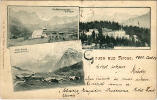 1901 Arosa, Kirchlein gegen das Rothorn, Grand Hotel, Inner-Arosa gegen die Furka. Th. Zingg No. 171. Art Nouveau