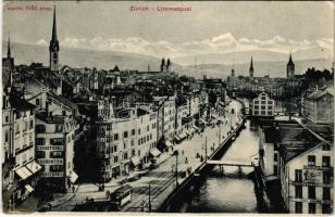 1906 Zürich, Zurich; Limmatquai / street view, tram, beer hall, confectionery, shops, bridge (EK)