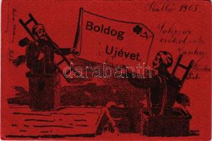 1905 Boldog Újévet! / New Year greeting art postcard with chimney sweepers. litho (EK)