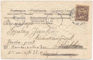 1901 Boldog Újévet! / New Year greeting art postcard with dwarf, pigs, silk flowers. Art Nouveau, fl...