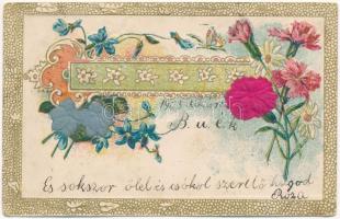 1902 Floral greeting card with silk flowers. Art Nouveau, Emb. litho (EB)