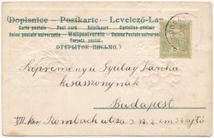 1902 Floral greeting card with silk flowers. Art Nouveau, Emb. litho (EB)