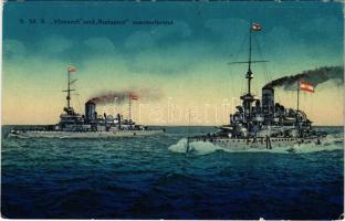 SMS Budapest és SMS Monarch az Osztrák-Magyar Haditengerészet Monarch-osztályú partvédő csatahajók / K.u.K. Kriegsmarine SM Schiffe "Monarch" und "Budapest" manövrierend / WWI Austro-Hungarian Navy, Monarch-class coastal defense ships. G. Costalunga, Pola 1915. (Rb)