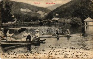 1909 Menyháza, Monyásza, Moneasa; Halastó, csónakázó társaság / lake, people in rowing boats (EK)