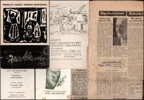 cca 1960-90 Apáti Abkarovics Béla (1888-1957) festőművészhez kapcsolódó kiállítási katalógusok, meghívók, újságcikkek, össz. 9 db, részben foltos