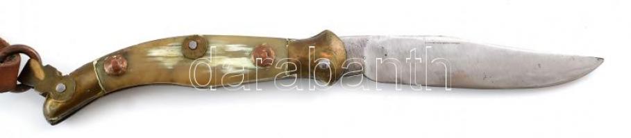 Egyedi, kézzel készült vadászkés, Válik jelzéssel, bőr, szaru. h:22 cm bőr tokkal