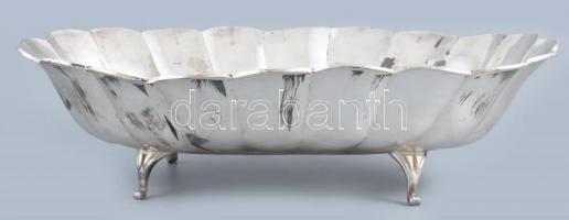 Nagyméretű kalapált téli tál ezüst borítással 43 x 29 cm lábakon. Kopott