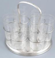 6db vizes pohár, üveg, ezüstözött alpakka tartóban. Kopásnyomokkal, m: 20 cm