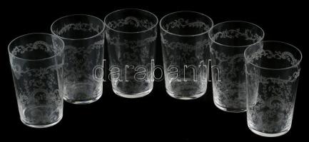 6db vizes pohár, üveg, ezüstözött alpakka tartóban. Kopásnyomokkal, m: 20 cm