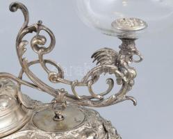 Asztali kínáló, díszes alpakka, pótolt üvegekkel, és szorítóval, apró csorbákkal 50x28x33cm