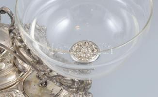 Asztali kínáló, díszes alpakka, pótolt üvegekkel, és szorítóval, apró csorbákkal 50x28x33cm